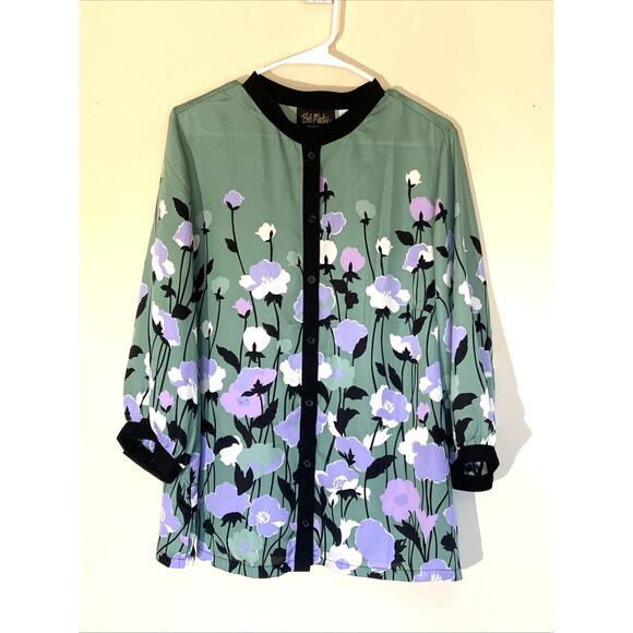 Bob Mackie Green Floral Collarless Button Front Blouse Shirt Wearable Art Large - Picture 1 of 6